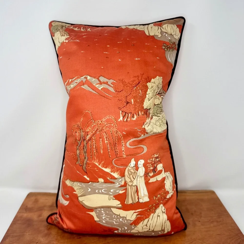 Vintage Chinoiserie Scenic Feather Pillow Burnt Orange Asian Landscape 10